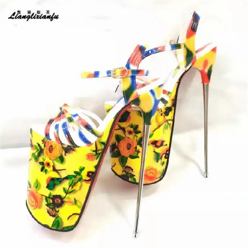 Summer 22cm Thin High Heels Sandals Female Platform Women\'s Shoes Narrow Band Steel Pipe Dance Buckle Peep Toe Bridesmaid Pumps