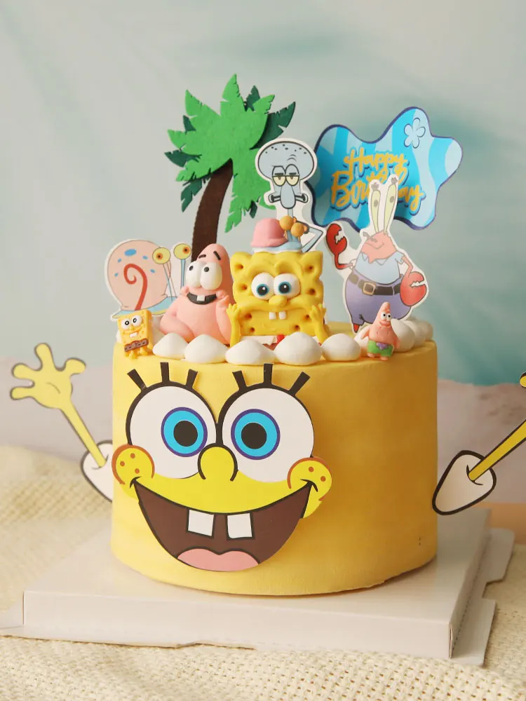 Yellow Sponge Baby Theme Cake Toppers for Birthday Party Cartoon Baby Shower First Birthday Cake Decoration Supplies Gifts Toy