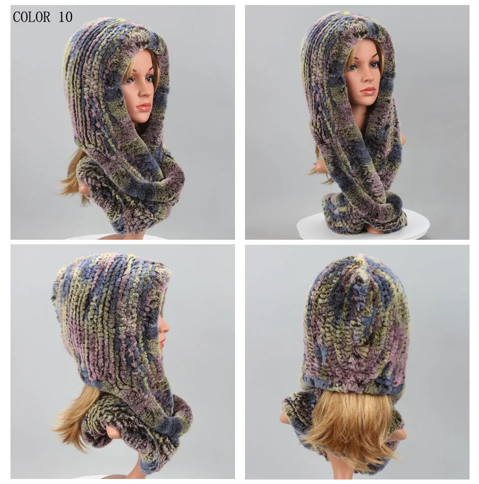Frauen Gestrickte Echte Rex Kaninchen Pelz Hut Mit Kapuze Schal Winter Hüte für Frau Herbst Kappe Warme Natürliche Pelzmütze mit Hals Schals Bonnets – Detail 15