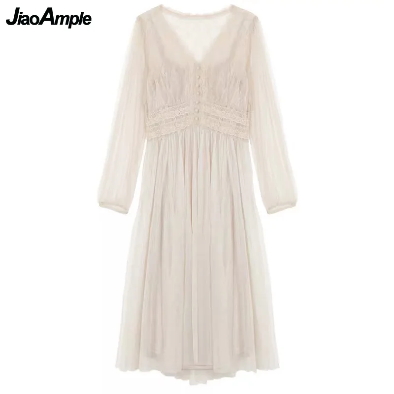 2025 New Girls Sweet Mesh White Dress Women Fashion Elegant Button A-Line Lace V-neck Gown Spring Summer Puff Sleeve Clothing