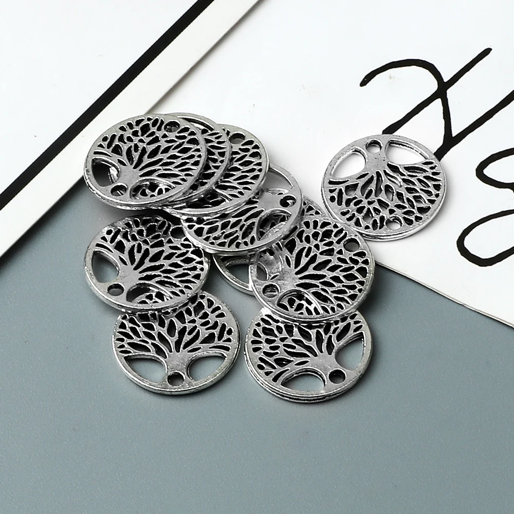 Tree Of Life Pendant Round Hollow DIY Vintage Silver Color Metal Bracelet Neacklace Charm Making Fashion Jewelry Accessorie Gift