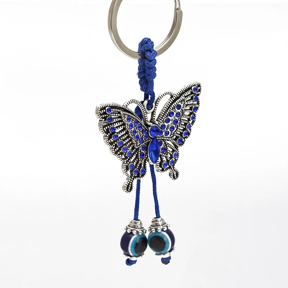 Lucky Eye Alloy Butterfly Pendant Keychain Blue Turkish Evil Eye Bead Tassel Alloy Car key Chain for Women Men Jewelry BE268