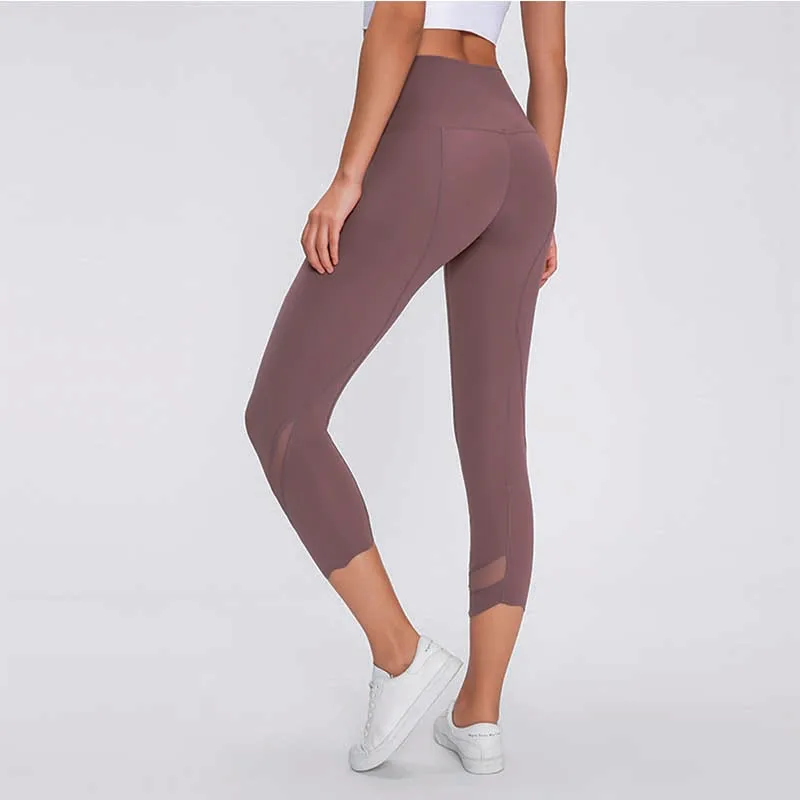 2024 Women Running Capris Yoga High Waist Skinny 4 Way Stretch Capris Fitness Leggings Sexy Net Yarn Cpairs