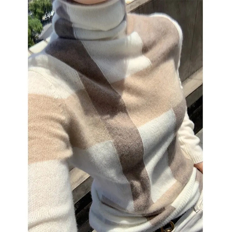 New Cashmere Sweater Women\'s High-Neck Color Matching 100% Pure Wool Pullover Fashion Plus Size Warm Knitted Bottoming Shir