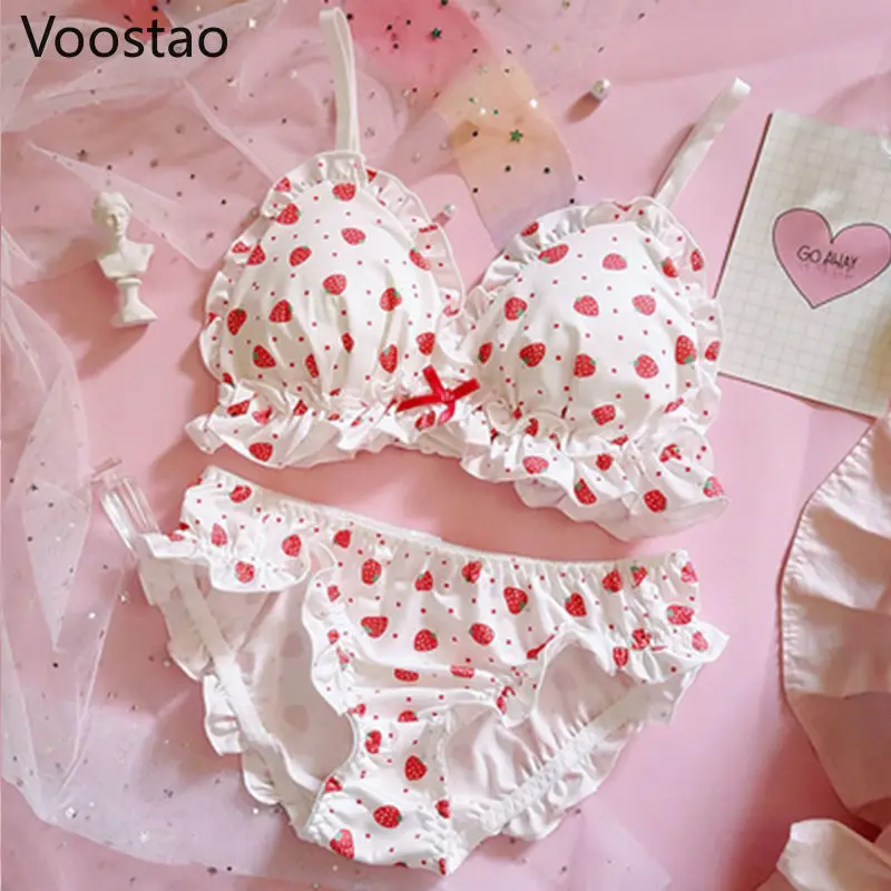 Sweet Lolita Style Women Cute Strawberry Print Bra Panties Lingerie Set Japanese Girl Kawaii Soft Underwear Panty Intimates Sets