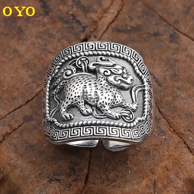 

100%925 sterling silver jewelry retro Thai silver personality men and women open ring lucky unicorn ring index finger