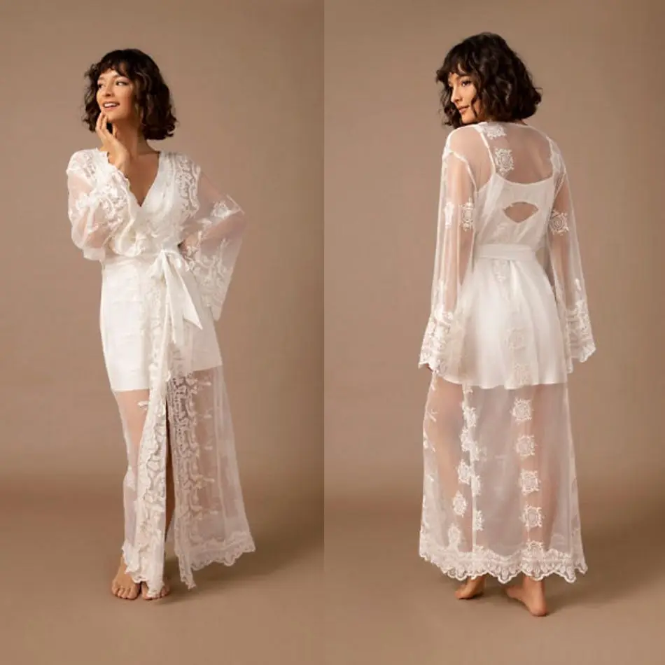 2020 Women's Bathrobe V Neck Long Sleeve Nightgown Robe Prom Bridesmaid Shawel Custom Made Sexy Lace Appliques Lady Sleepwear