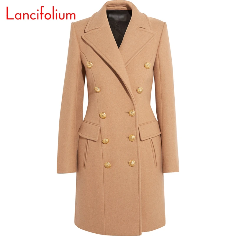 Long Woolen Coat Women Autumn Winter Fashion Military Black Wool Blends Double-breasted Slim Elegant Woolen Coat Outwear Jacket