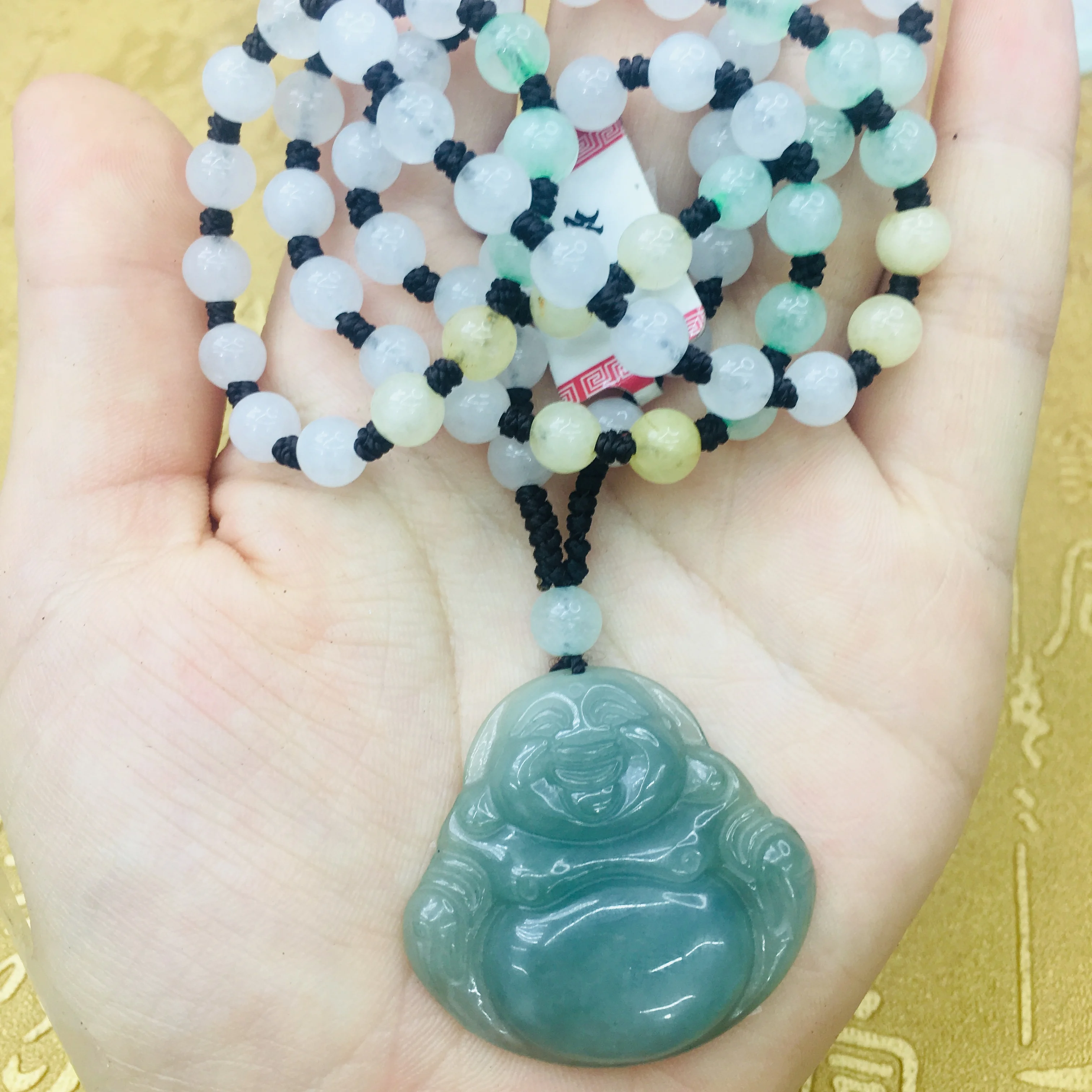 Natural JADESt Pendant Carved Ice Bottom Oil Cyan Buddha Pendant with Tri-Color Bead Necklace Elegant Ms. Clavicle Chain