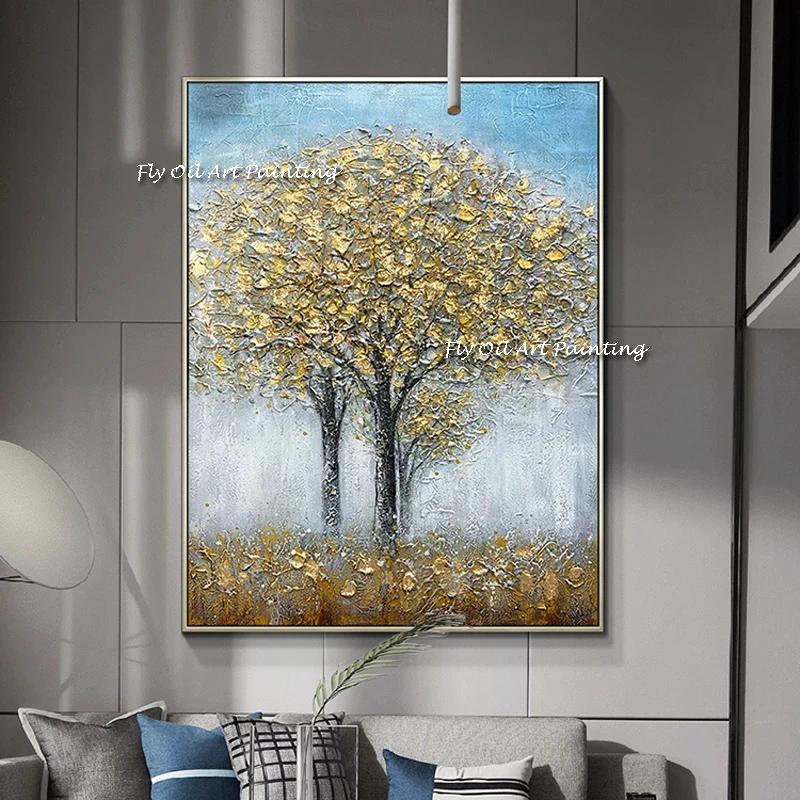 100% Handmade High Skills Painter Team Directly Supply High Quality Abstract Gold Foil Tree Landscape Oil Painting Picture