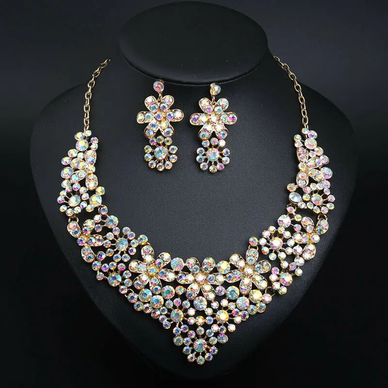 Flower Rhinestone Bridal Necklace Earrings Set Women Fashion Crystal Choker Statement Chain Collar Wedding Jewelry Accessories