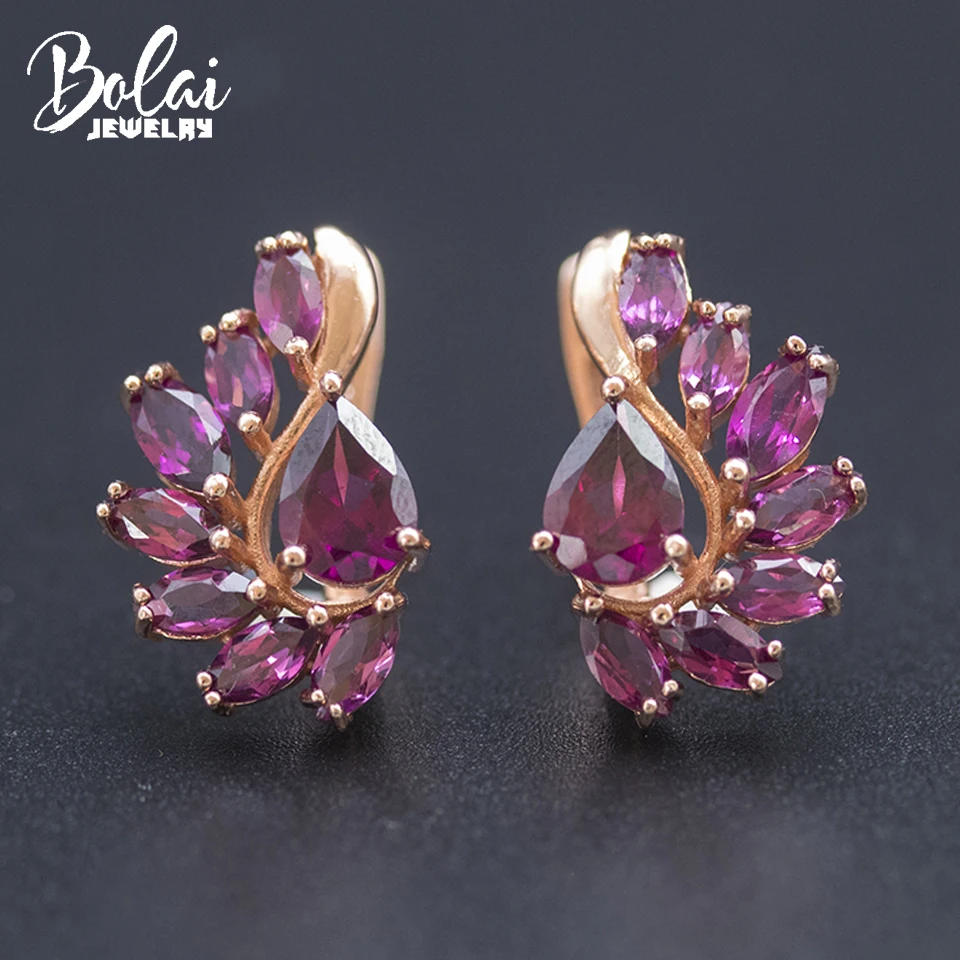 

Bolai Natural Rhodolite Garnet Floral Stud Earrings 925 Sterling Silver 3.89ct Gemstone Fine Jewelry for Women Wife Christmas