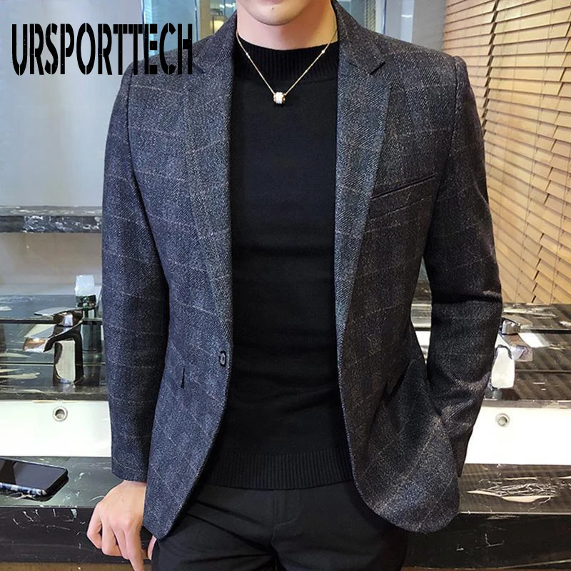 URSPORTTECH-Blazer casual estilo britânico para homens, jaqueta de terno slim fit, blazers xadrez masculinos, casaco masculino, plus size M-5XL