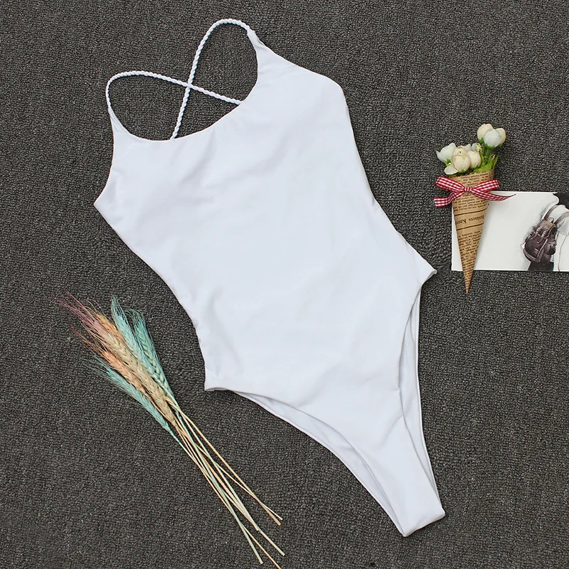 2019 Women Swimwear Sexy High Cut One Piece Swimsuit Backless Swim Suit Black White Knitting Thong Bathing Suit Female Monokini