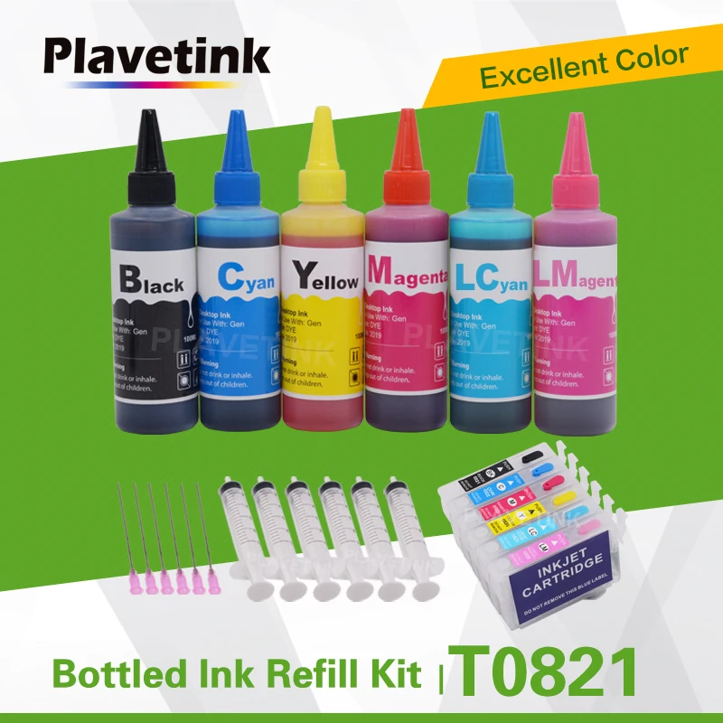 Plavetink T0821-T0826 インクカートリッジエプソンスタイラスフォト T50 R290 R295 R390 RX590 RX610 + 6 × 100 ミリリットルボトルキット