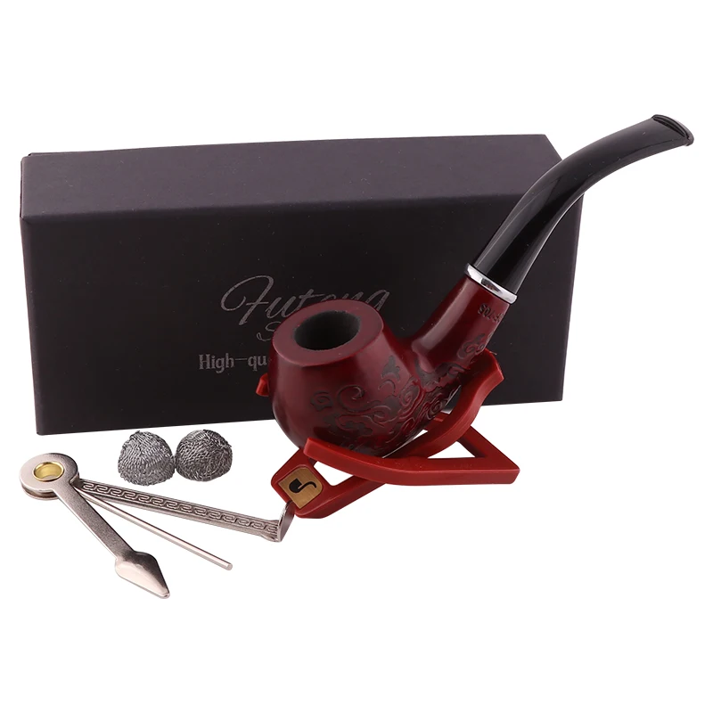 Soild Wood Carving Tobacco Smoke Pipe Set Cigar Herb  Smoke Pipe Resin Mouthpieces Holder Gift Box Smoking Accessories