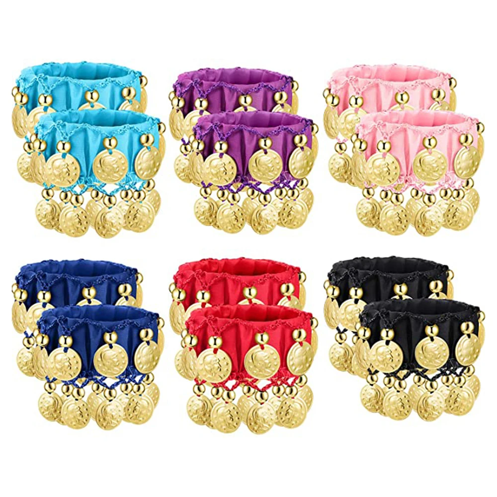 1 Pair Belly Dance Wrist Ankle Cuffs Bracelets Chiffon Gold Coin Belly Dance Costume Accessory Valentine\'s Day Gift Jewelry Girl