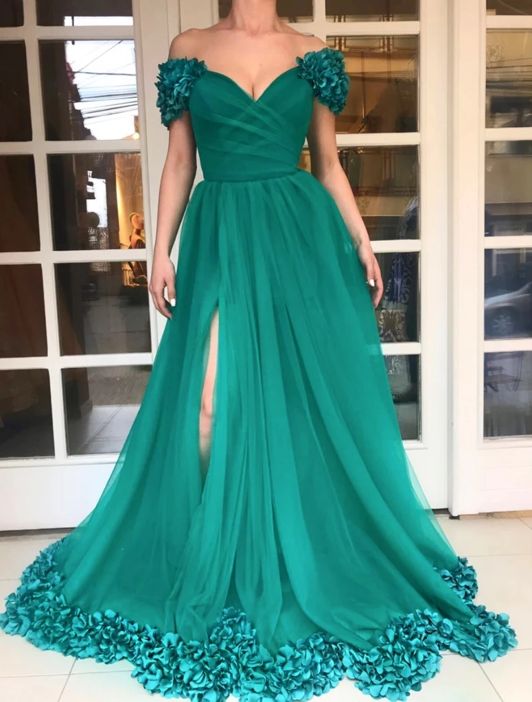 Green Moroccan Evening Dresses A-line Off The Shoulder Tulle Flowers Slit Long Turkey Dubai Saudi Arabia Prom Dress Gown