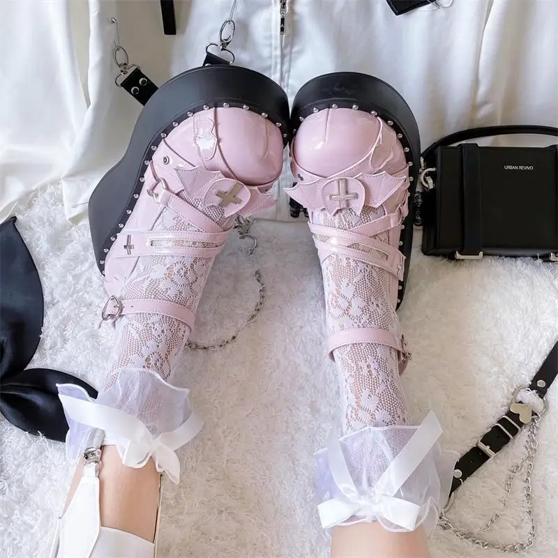 女性のためのヴィンテージパンクスタイルの靴,和風,丸い頭,厚い底,クロスバンデージ,ルリ,コスプレ