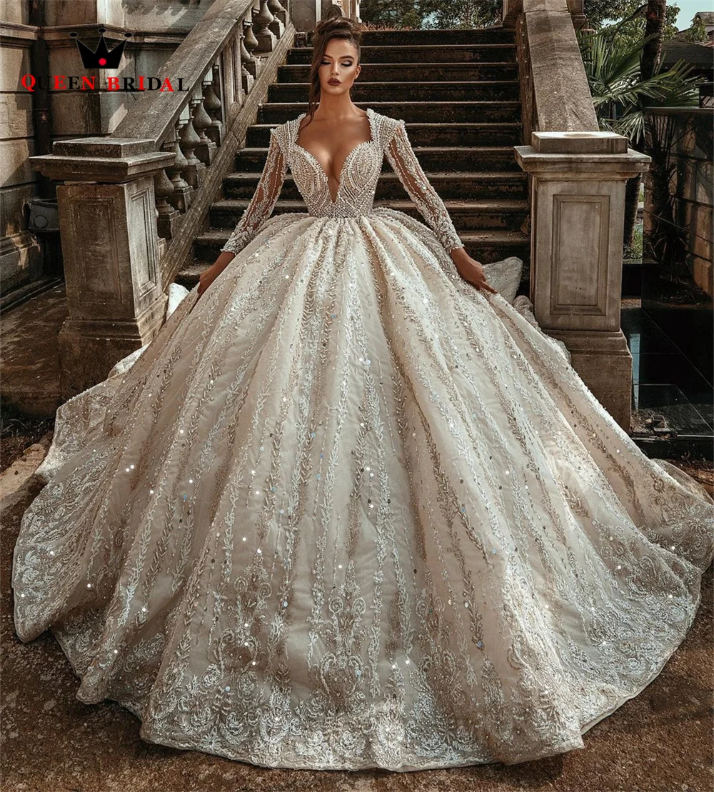 Luxury Ball Gown Wedding Dresses Puffy Long Sleeve Tulle Crystal Beaded Pearls Plus Size Formal Bridal Gown Custom Made JT17