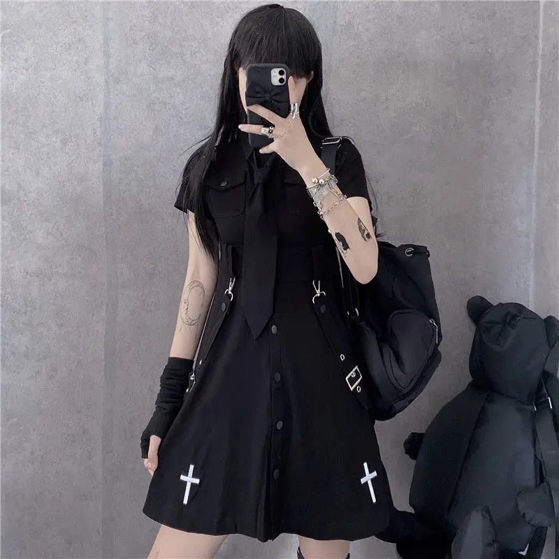 

Black Dresses for Women Cool Fashion Girl Wearing Dress Female 2021 Summer New Safari Style Tide High Street Woman Dress Sets