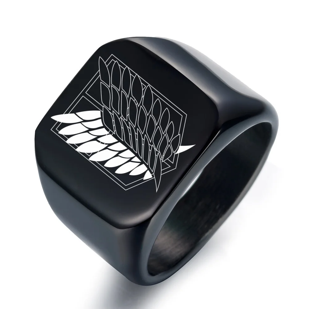 14mm Attack on Titan Black sliver Stainless Steel Ring Wings Of Liberty Flag Finger Rings For Men Women Jewelry Anime Fans