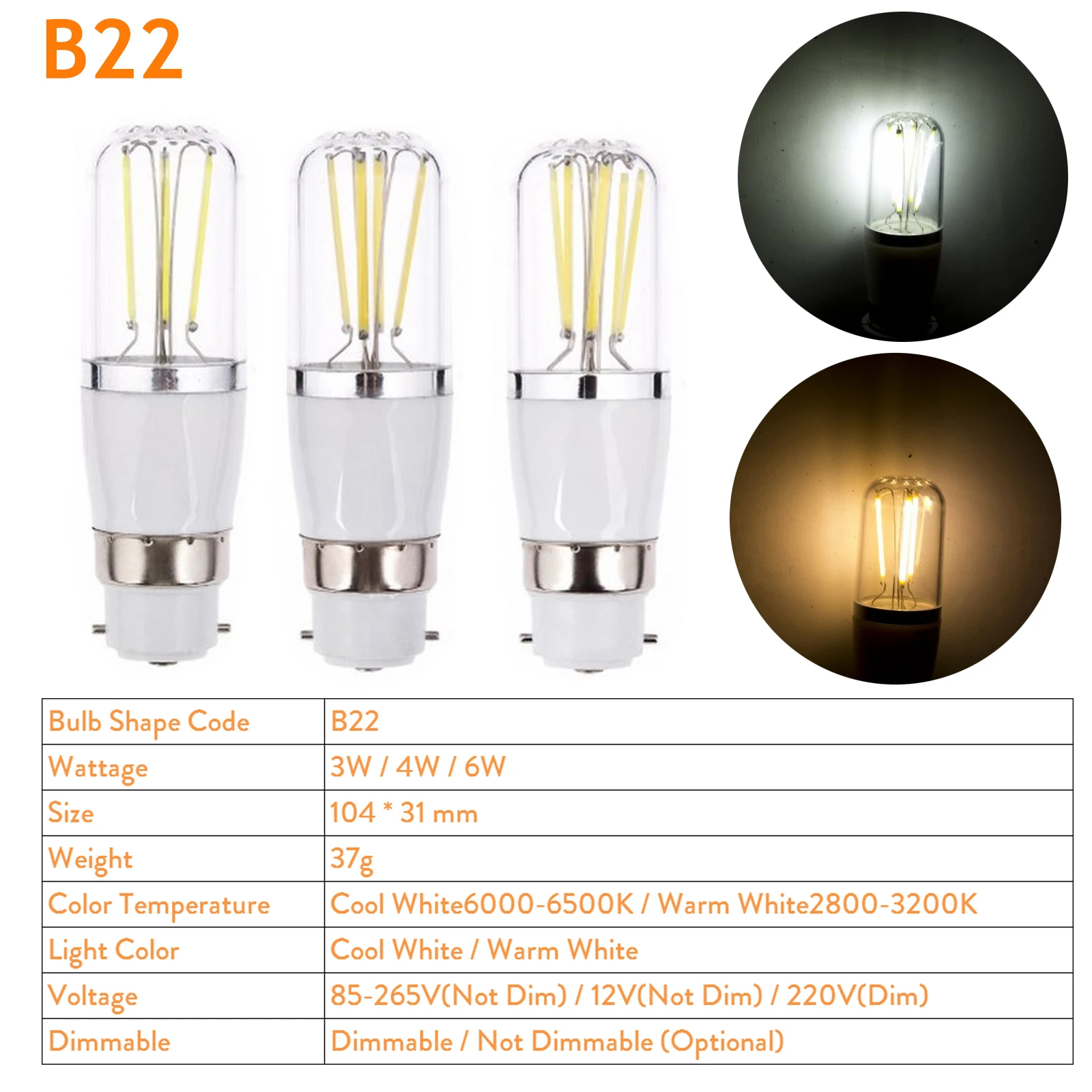 B22 Bayonet Dimmable LED Filament Light Bulb 3W 4W 6W COB LEDS Lamp 220v 240v DC 12V Replace 30W 40W 60W Halogen Lamp For Home