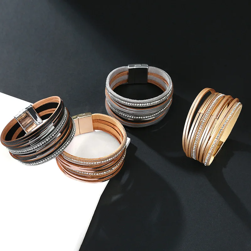 Amorcome Multilayer Leather Wrap Bracelet Handmade Braided Chain Metal Bar Cuff Bangle Magnet Buckle Bracelets for Women Girls