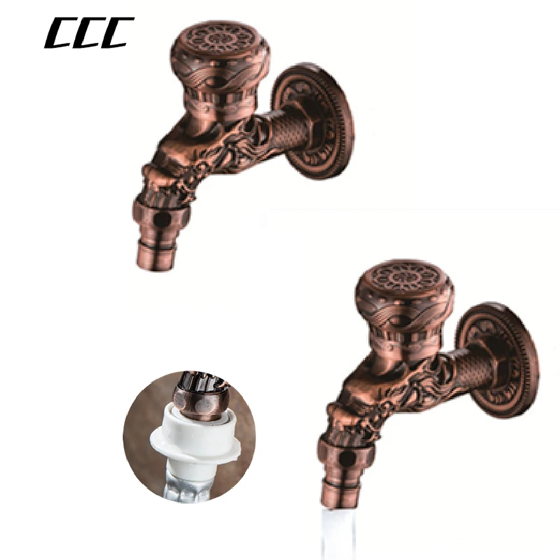 CCC Red Antique Wall Type Zinc Alloy Household Faucet, washing machine mop pond garden sink quick Retro Faucet