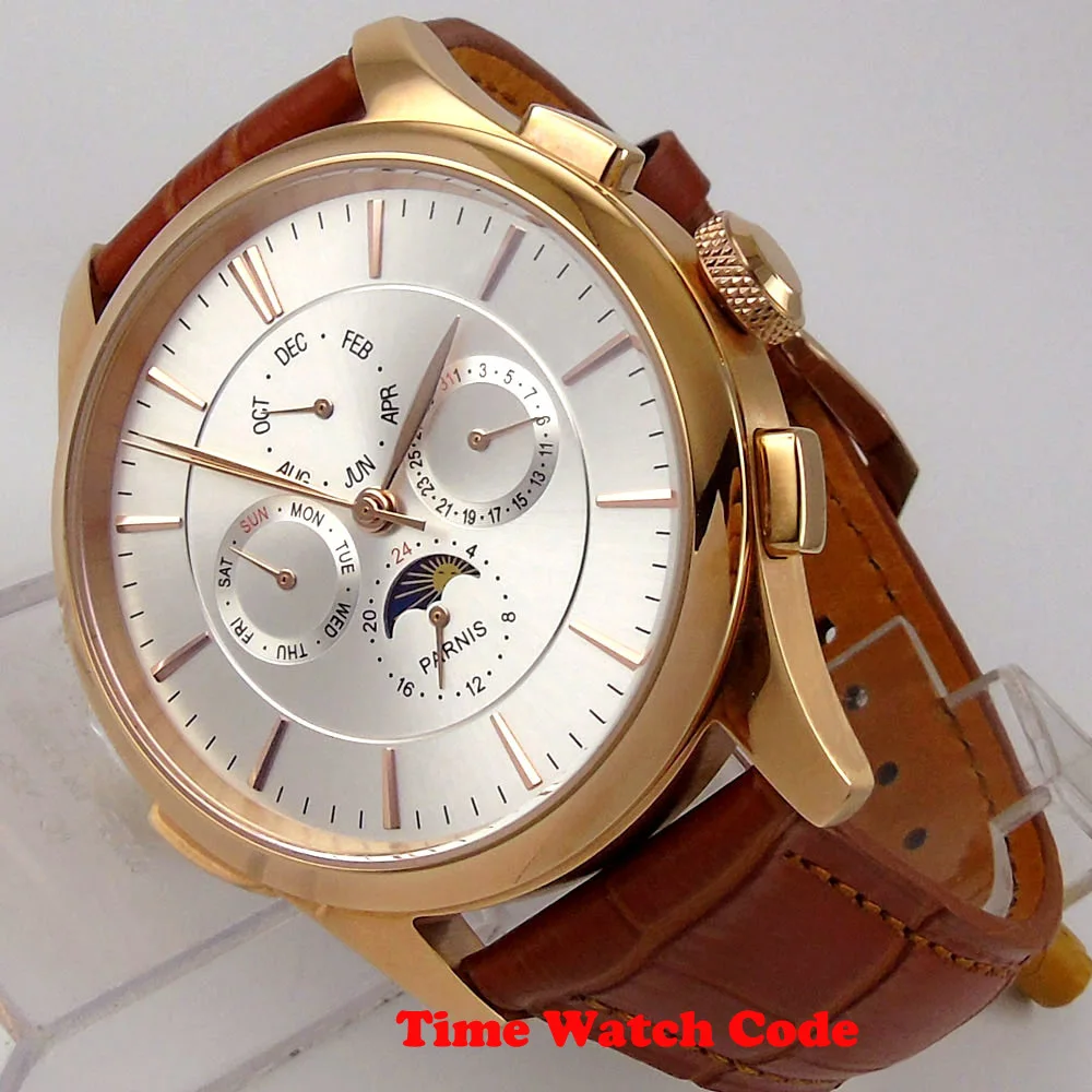 44mm PARNIS Silver dial rose golden plated case Moon Phase day date indicator multifunction week display brown leather strap
