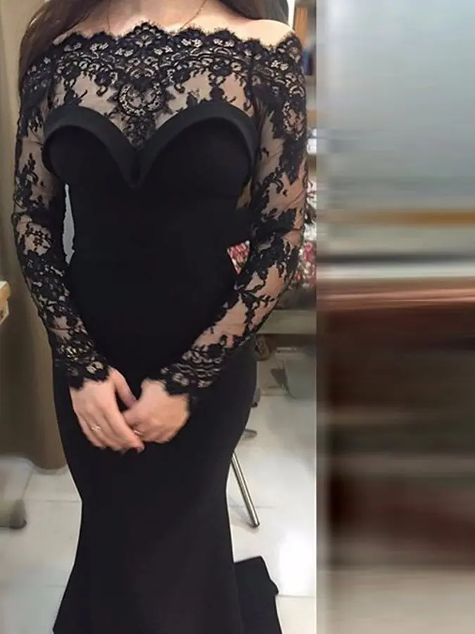 Vestido De noche De encaje negro para mujer, traje elegante De manga larga con hombros descubiertos, estilo sirena, De talla grande, 2024