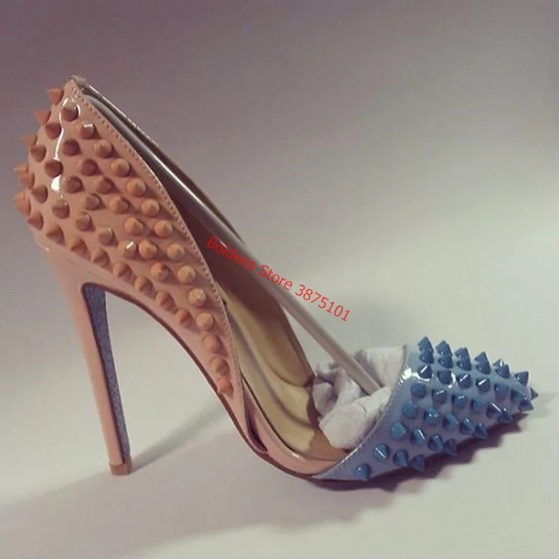 Sexy Nude Blue Spikes High Heel Pumps Pointed Toe Cut-out Studded Dress Shoes Patchwork Classic Evening Shoes Women Drop Ship