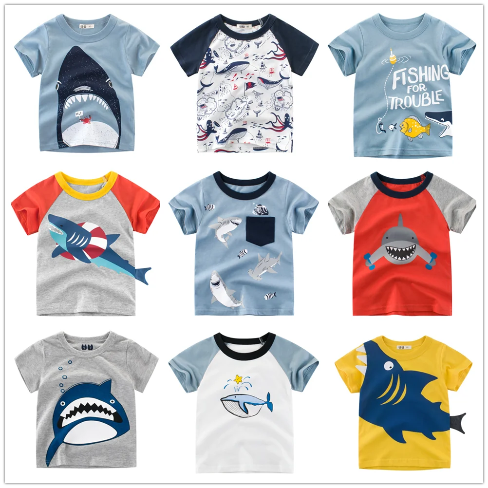 1 2 3 4 5 6 7 8 9 lat Dzieci Chłopcy 100% Bawełna Krótki rękaw Rekin Kreskówka T-Shirty Odzież Dzieci Letnie Topy Odzież