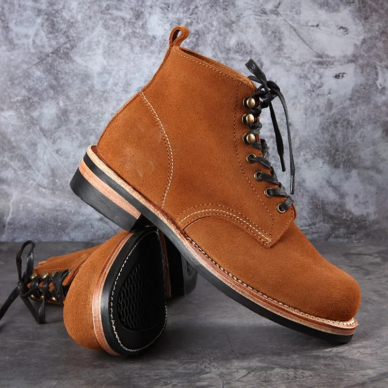 Autumn Cowhide Genuine Leather High Top Work Shoes Men Lace Up Platform Vintage Cowboy Ankle Boots Fashion Men Motorcycle Boots