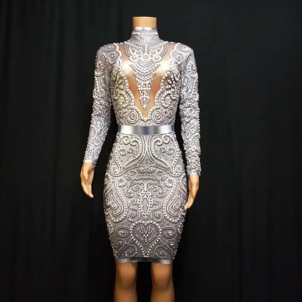 Black Gray Gold Rhinestones Pearls Long Sleeves Dress Sexy Spandex Women Singer Outfit Birthday Celebrate Evening Dress