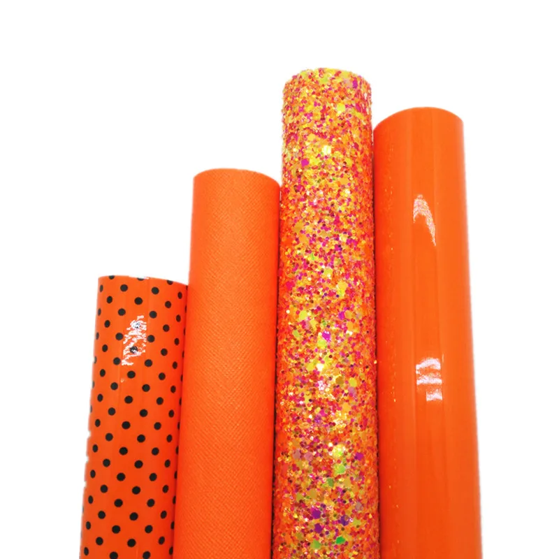 4PCS/SET Orange Glitter Vinyl Fabric Matching with Patent Leather Polka Dots Printed Faux Leather For Bows DIY 21X29CM Q189