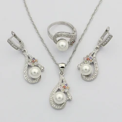 Flower Cubic Zirconia White Pearl 925 Silver Jewelry Sets For Women Wedding Earrings With Stone Pendant Pearls Necklace Set