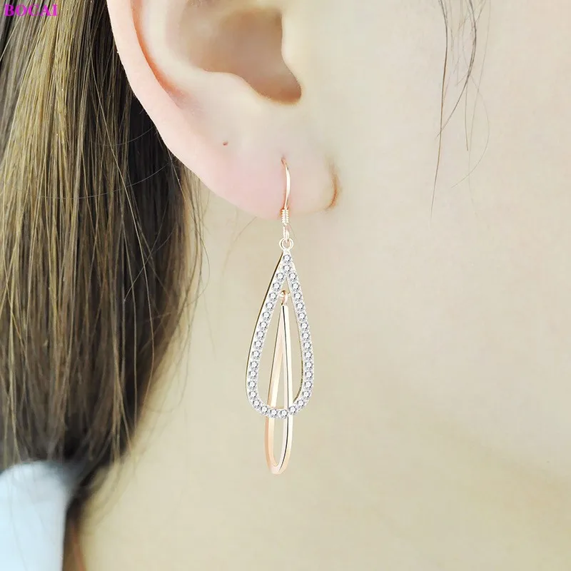 BOCAI S925 Sterling Silver Drops Earrings for Women Plated Tricolor Gold Double Waterdrop Tassel Ear Drops  Jewelry Wholesale