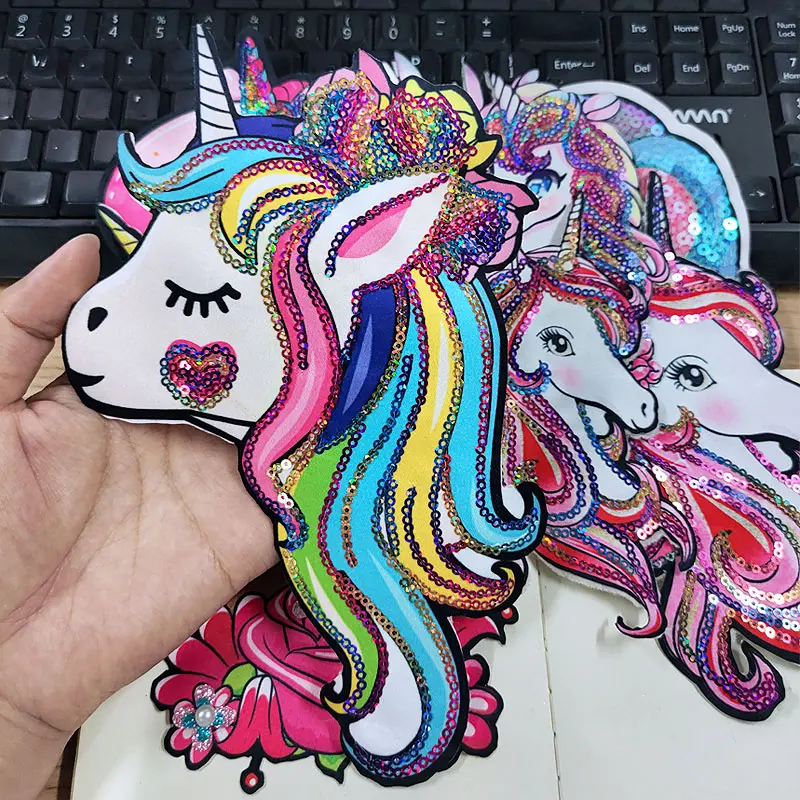 Many Style Unicorn Sequin Patches On Clothes Animal Applique Sew On Patches For Clothes Cartoon Unicorn Stripes Garment Patch