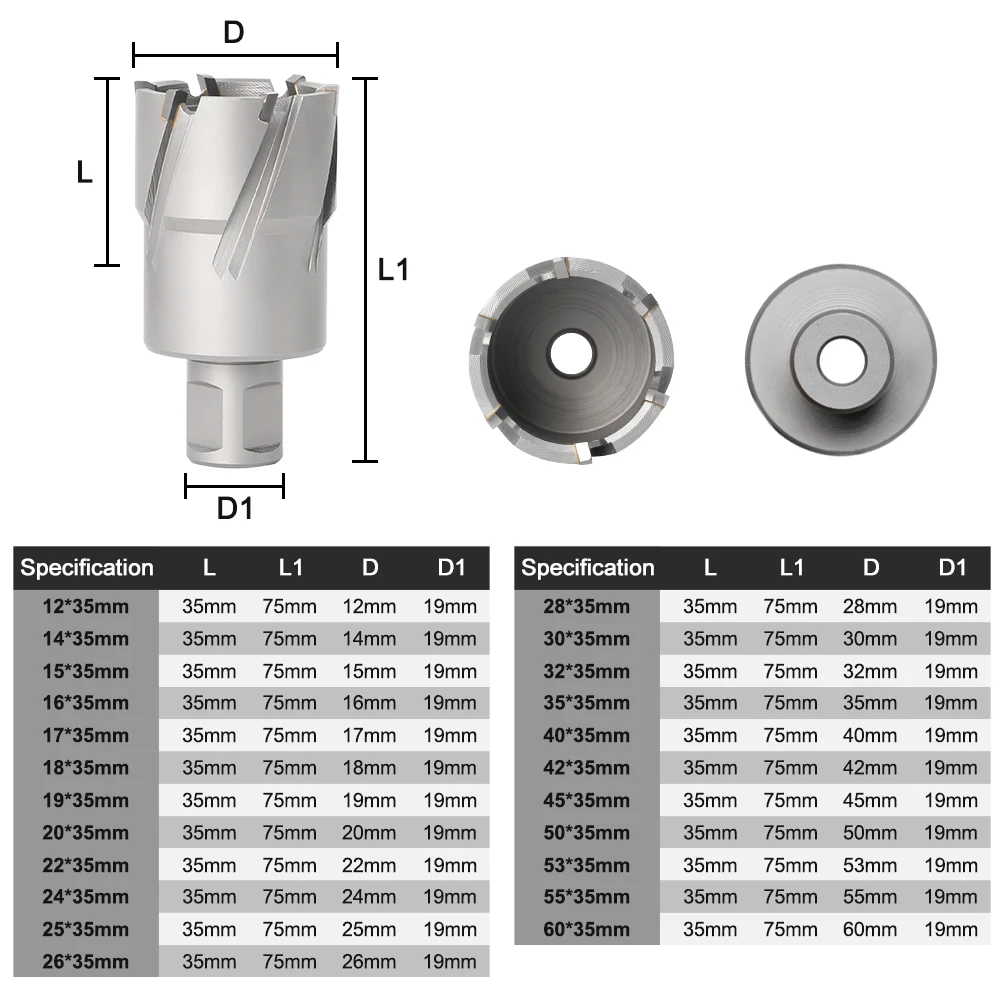 قطر 12-60 مللي متر x 35 مللي متر TCT الحلقي القاطع مع 3/4 "Weldon عرقوب ، 22*35 مللي متر كربيد سبيكة الأساسية الحفر ، 60x35 مللي متر المعادن ثقب المنشار