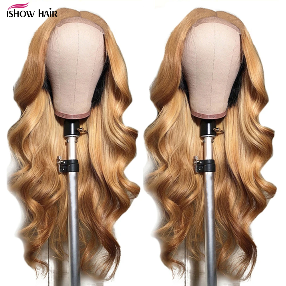 Honey Blonde Body Wave Lace Frontal Wig 27# Colored Pre Plucked 100% Human Hair Wigs Transparent Lace Closure Wig Human Hair