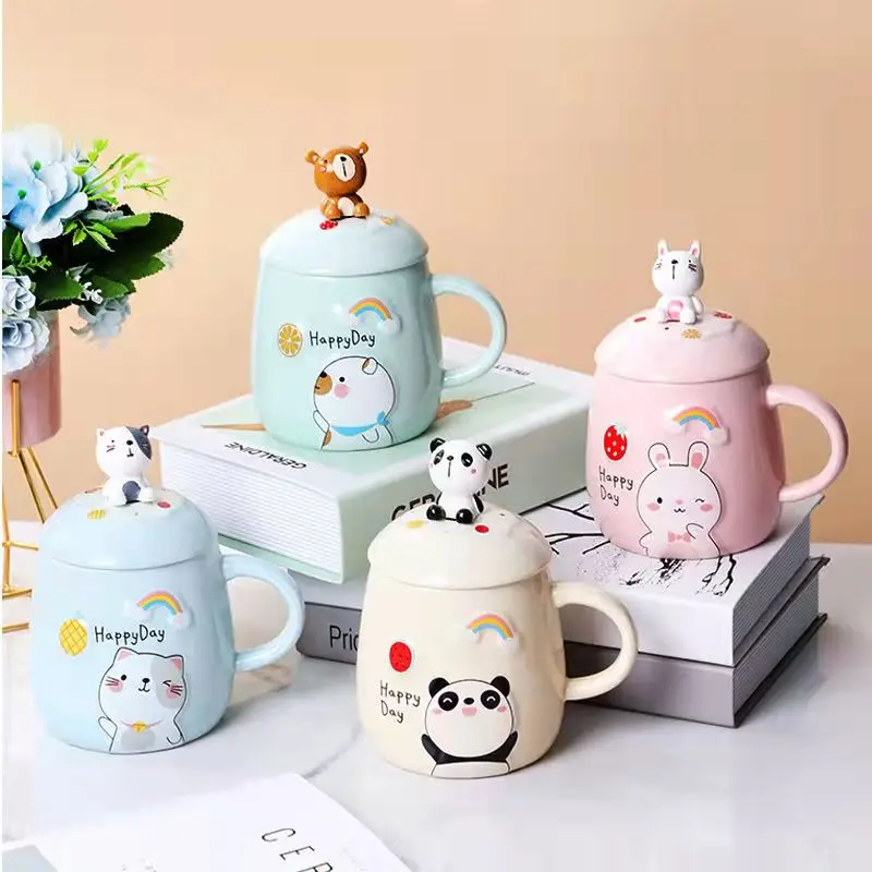 Panda Bunny Spoons Coffee Cups with Lids Water Bottle Female Student Korean Version Cute Mugs Breakfast Drinkware Porcelain