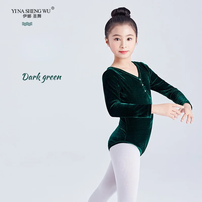 Ballet Dance Leotards Girls Long Sleeve Gold Velvet Gymnastic Dancing Costume Kids V-neck Ballet Practise Leotard for Dancewear