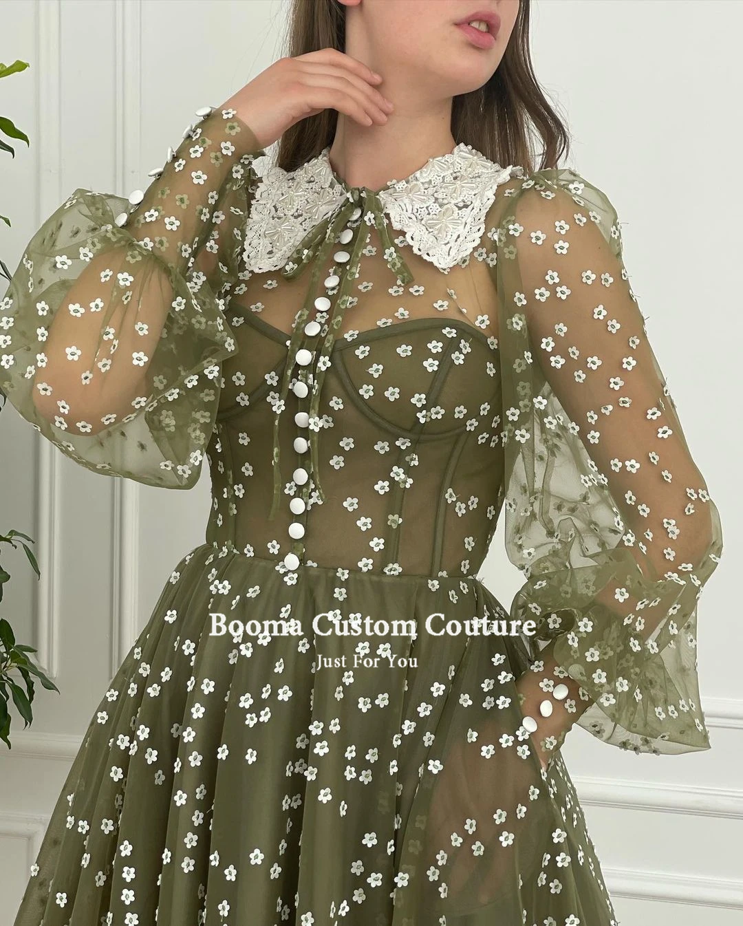 Booma-vestidos de tul de margaritas verdes, manga larga abotonada, con bolsillos, para fiesta de boda, novedad de 2022