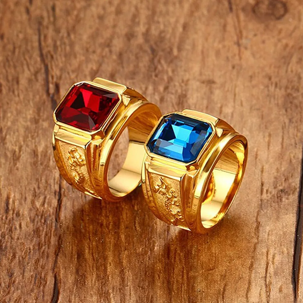 Sapphire ruby gemstones blue red zircon diamonds rings for men 18k gold tone stainless steel dragon jewelry bijoux fashion gift
