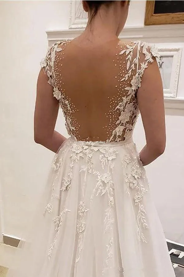 Charming 2022 Wedding Dresses Deep V-Neck Appliques Illusion Sweep Train Church Castle Bridal Gowns Gorgeous Chapel Vest