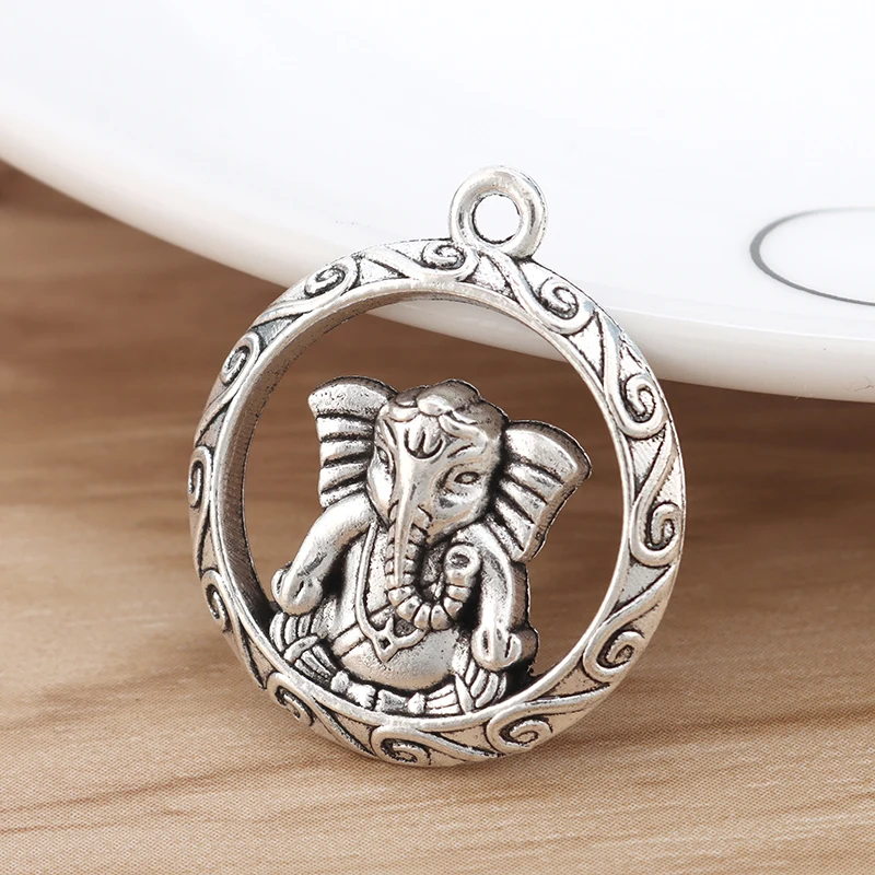 15Pcs Tibetan Silver Ganesha Elephant God of Beginnings Round Charms Pendant Beads for DIY Jewellery Making Findings Accessories