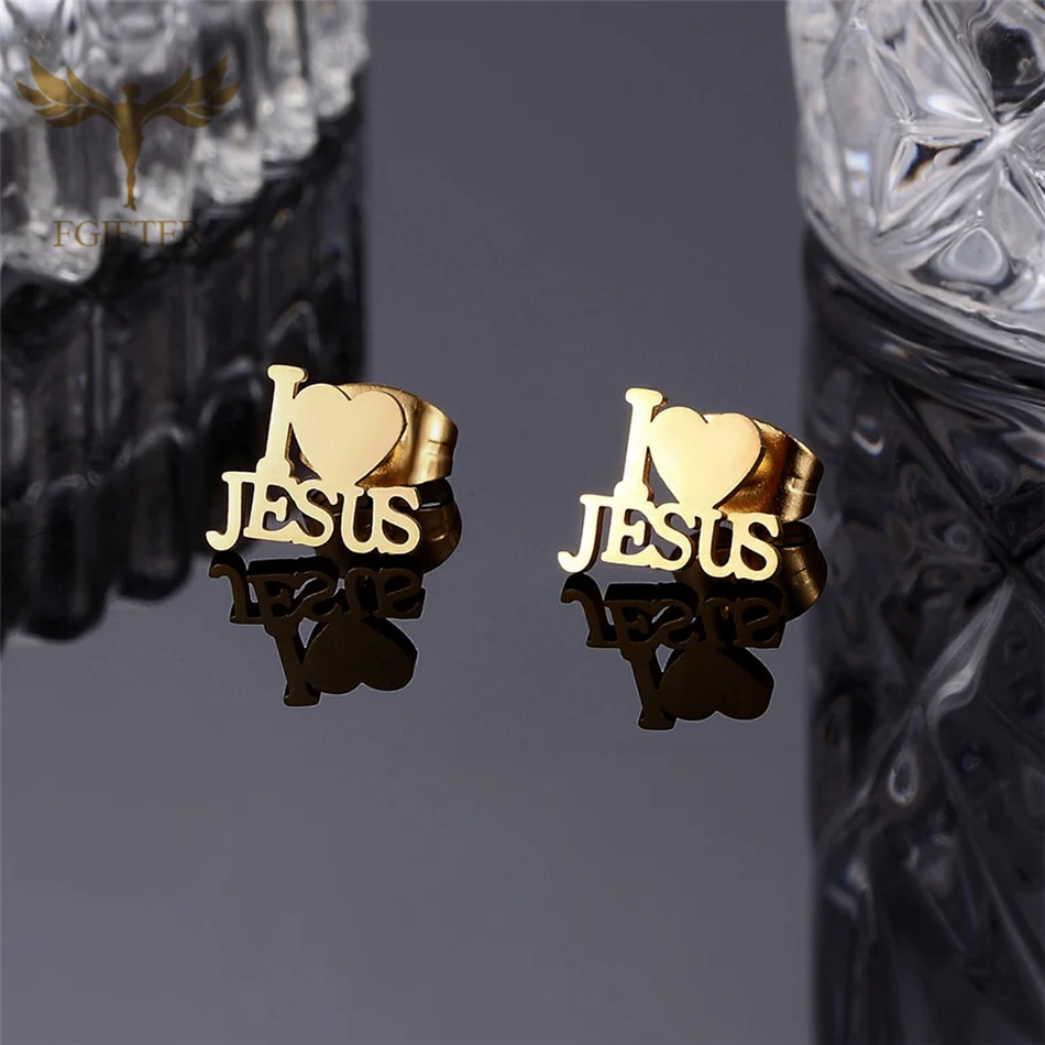 12 Pairs Lot Love Heart Jesus Stud Earrings Jehovah Christianity Accessories Stainless Steel Ear Piercing Jewelry Wholesale Gift