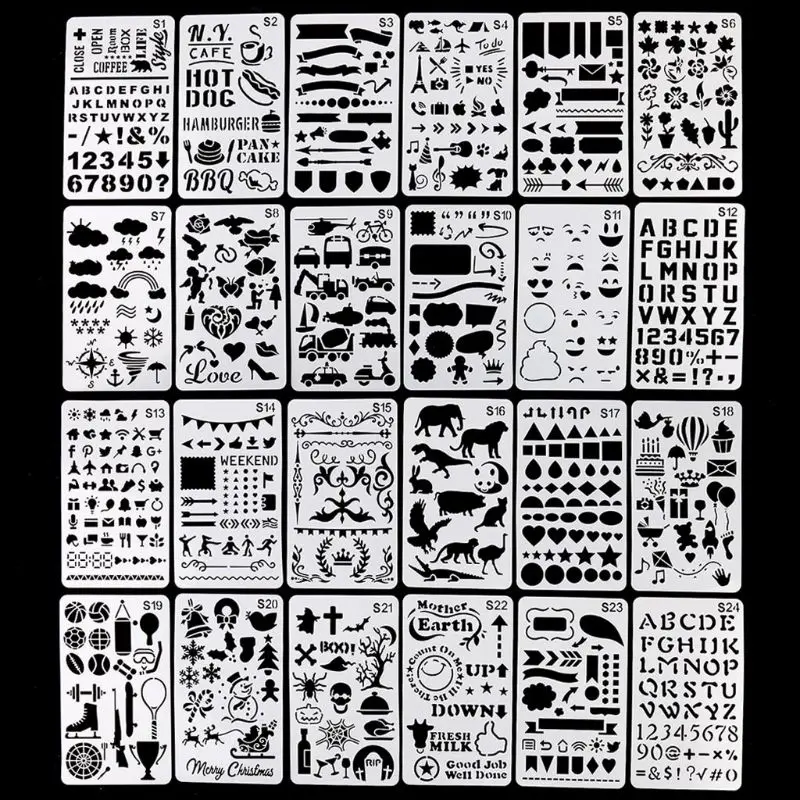 24pcs/set Journal Border Drawing Template Ruler Stencil Painting Board DIY Album