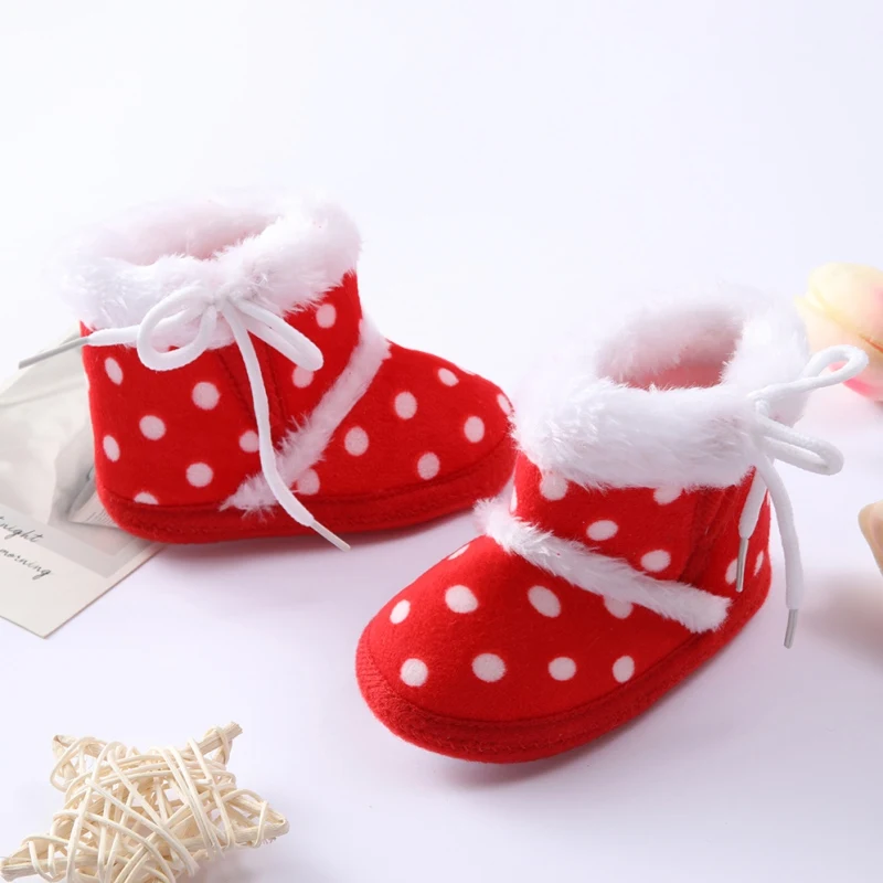 Winter Newborn Baby Girl Boy Polka Dot Cute Cartoon Cotton Shoes Soft Sole Plus Velvet Warm Boots Toddler Infant Walking Shoes